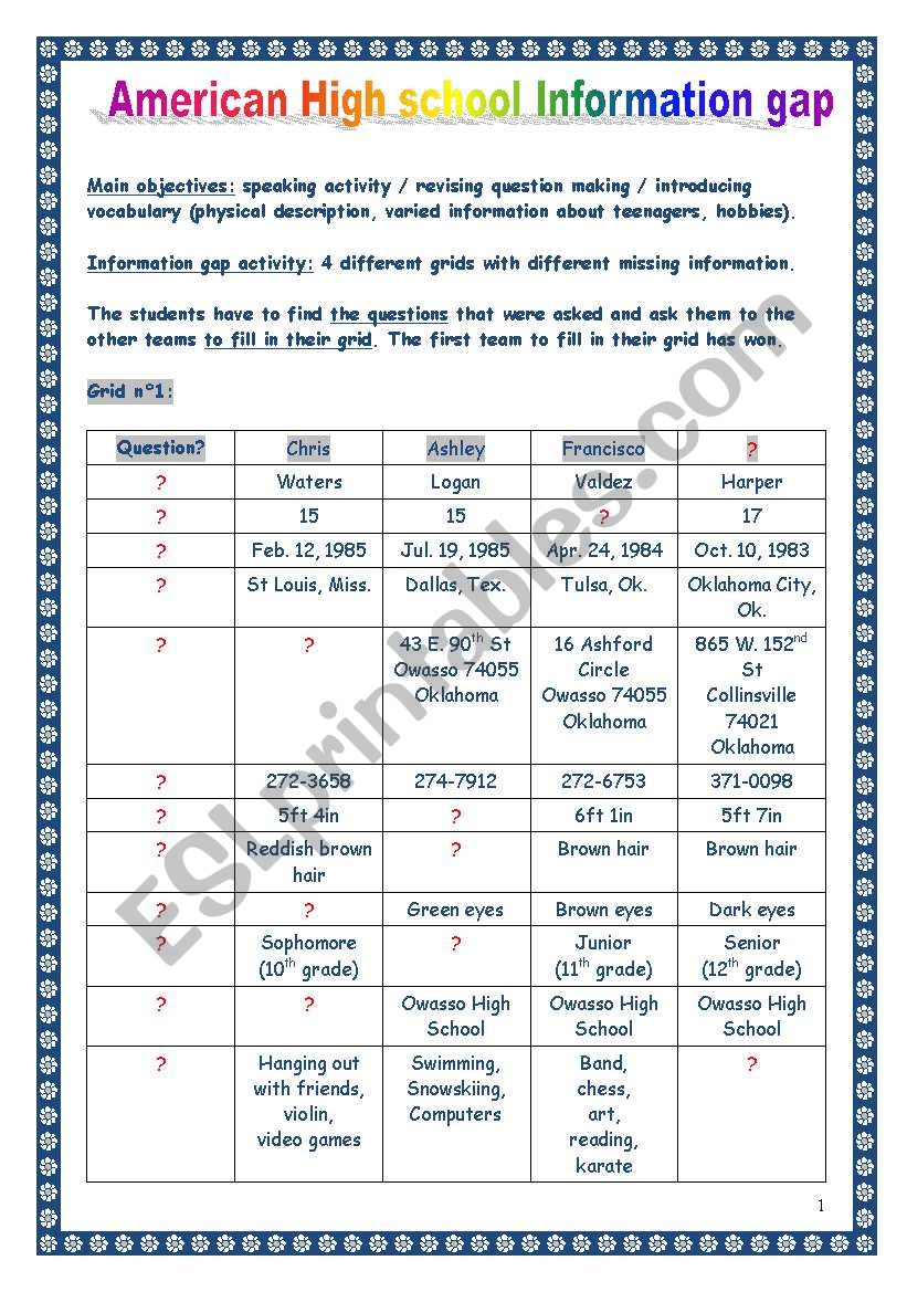 Speaking lesson = American High School INFORMATION GAP activity (TEAM GAME) (6 pages, with KEY)