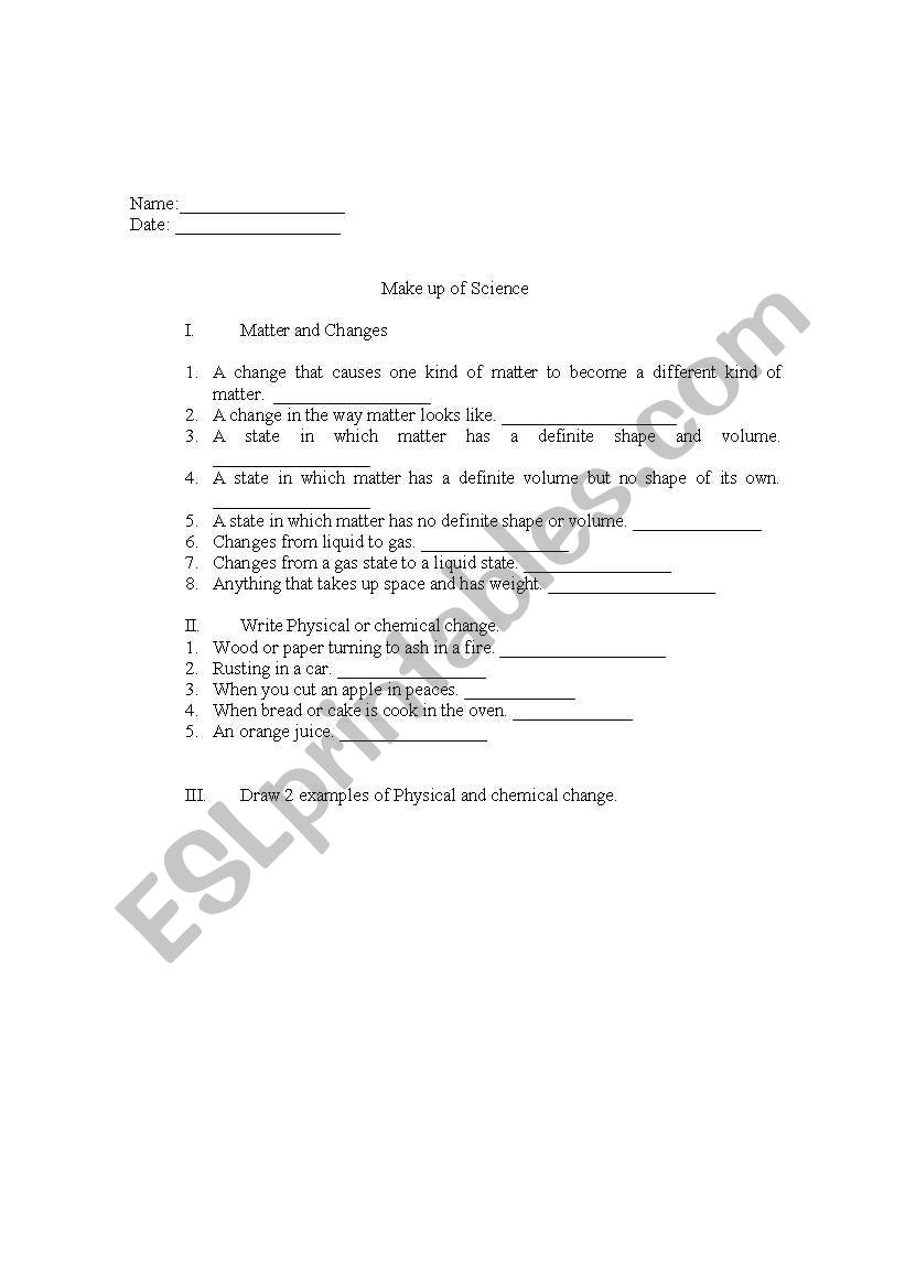 Matter and Changes worksheet