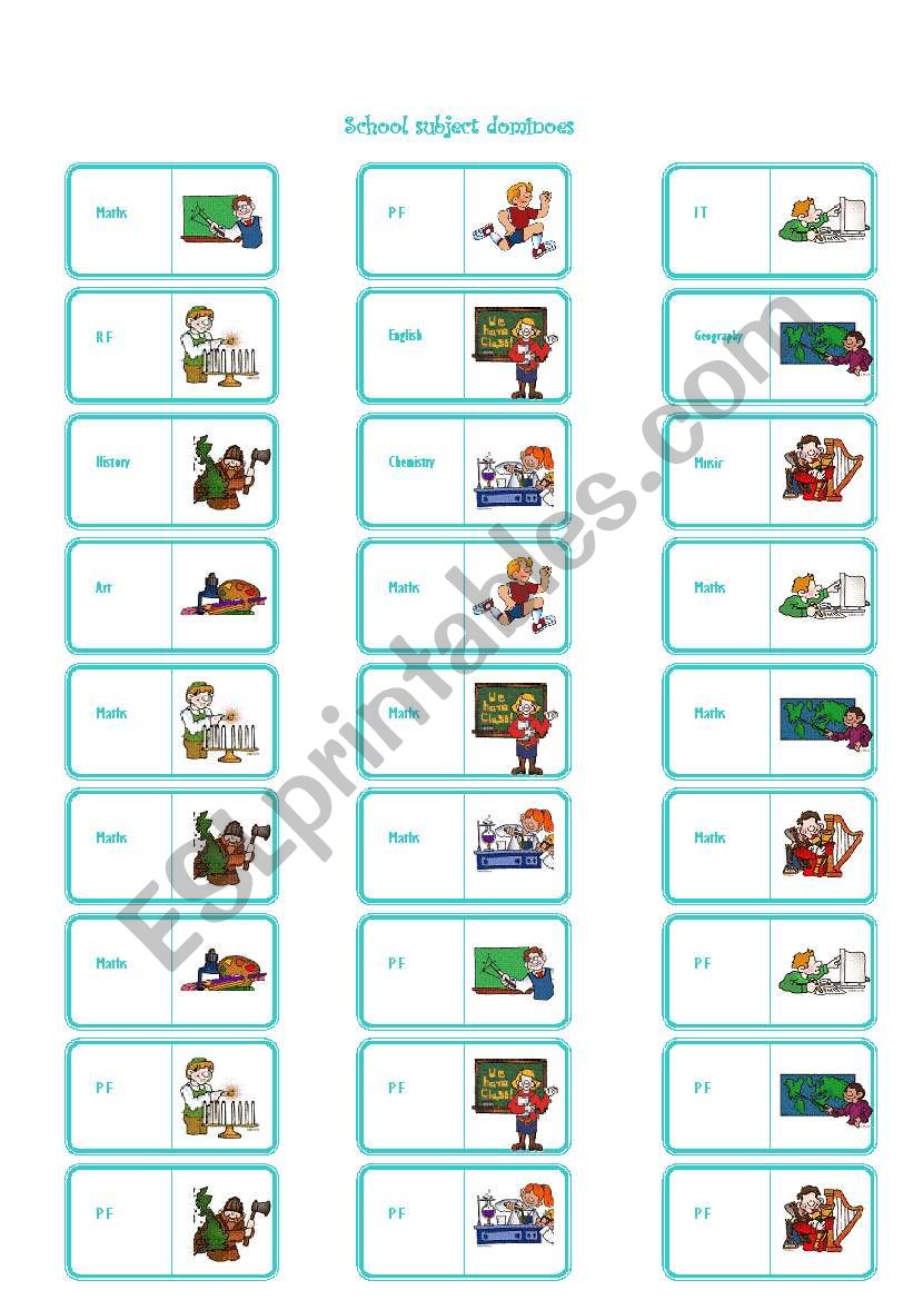 school subjects dominoes worksheet