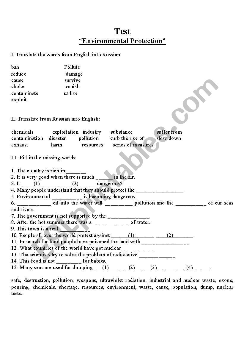 Environmenatal protection worksheet