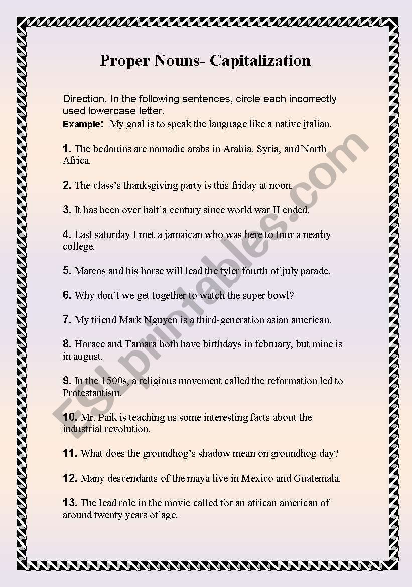 proper nouns- capitalization worksheet