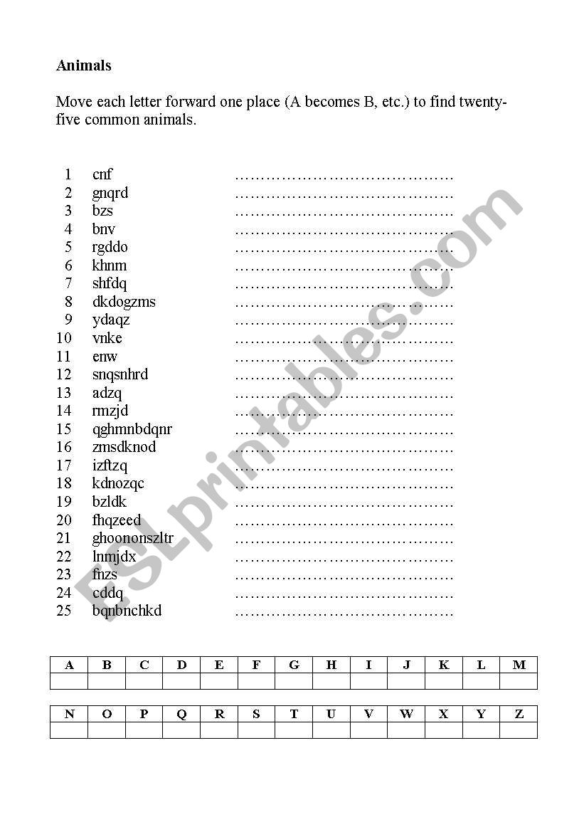 animals code worksheet