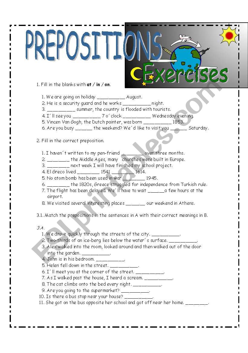 Exercises on prepositions- 9 PAGES-