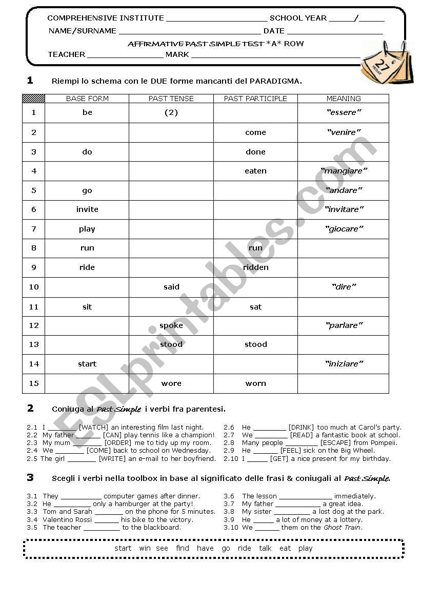 Affirmative Past Simple Test worksheet