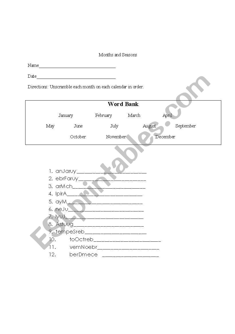 Unscramble the Months worksheet