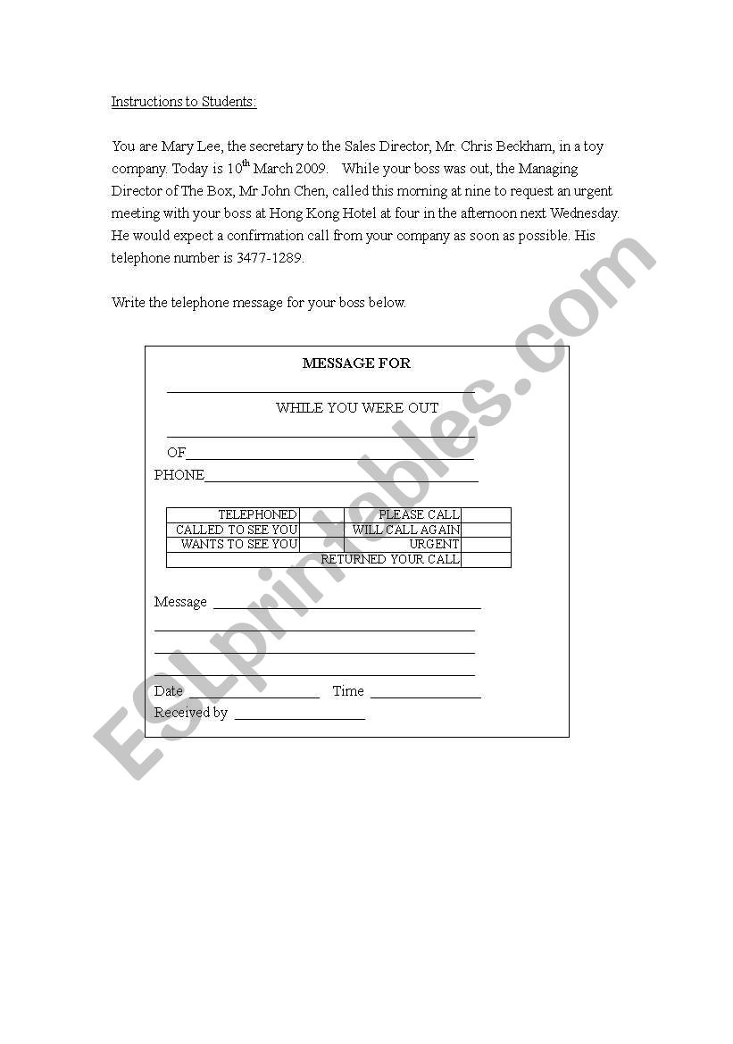 Write Telephone Message worksheet