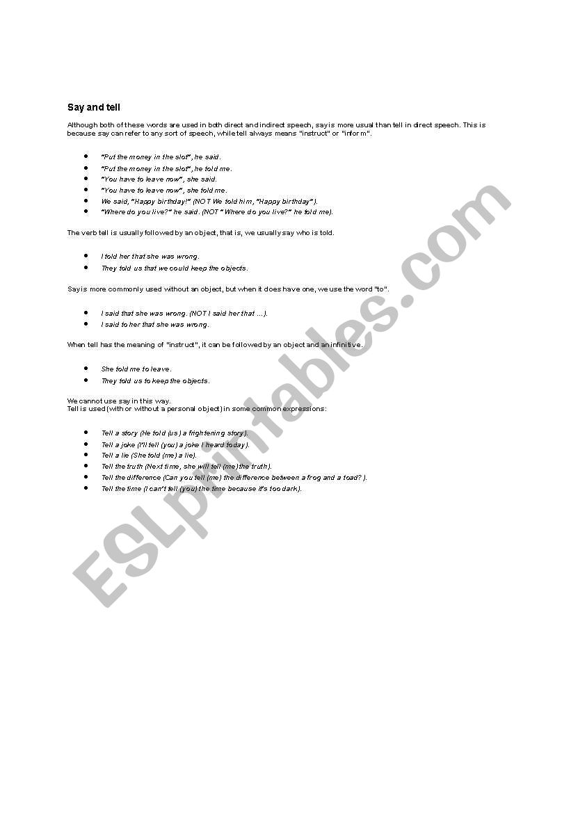 Say and Tell worksheet