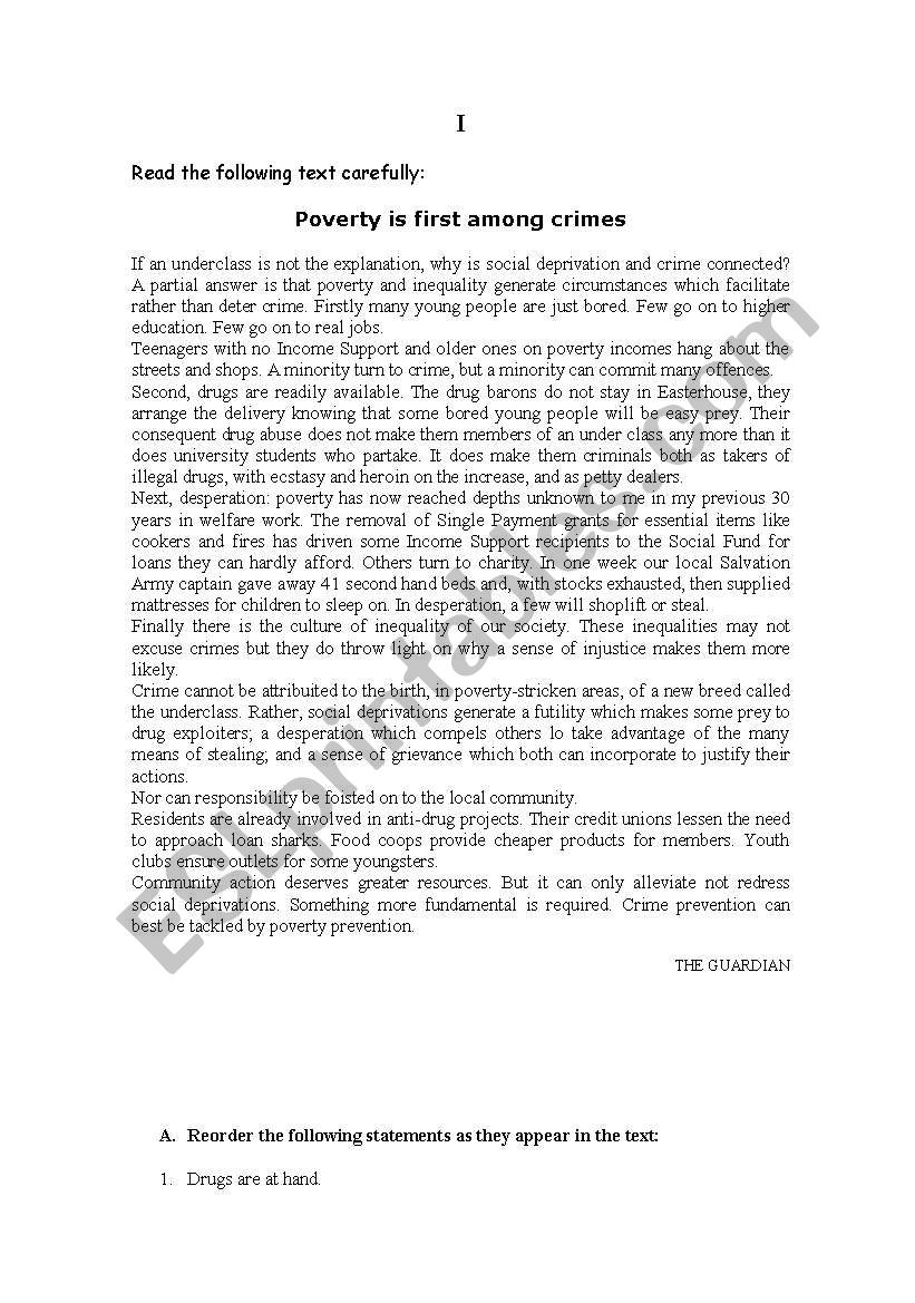 Poverty is first among crimes worksheet