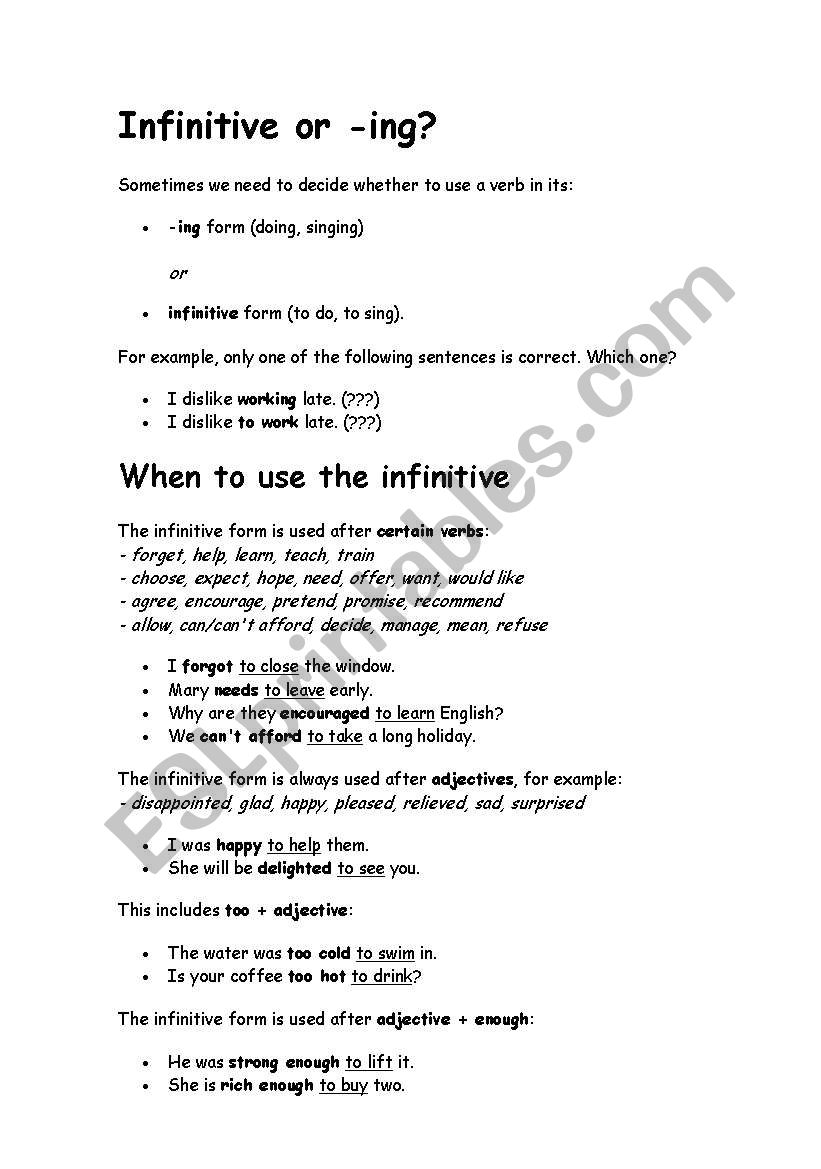 Infinitive or -ing? worksheet