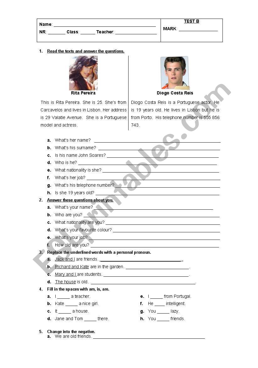 Elementary test worksheet