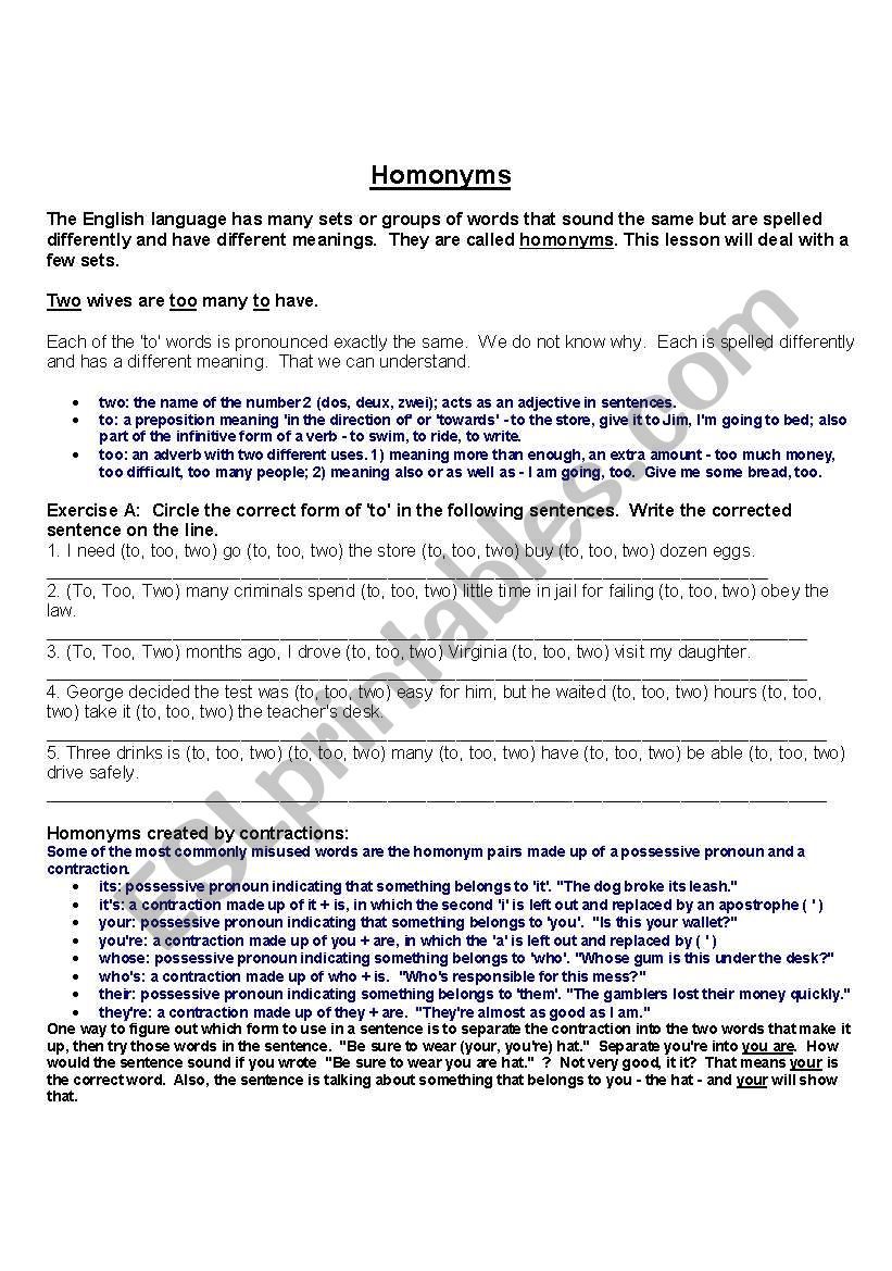 Homophones worksheet