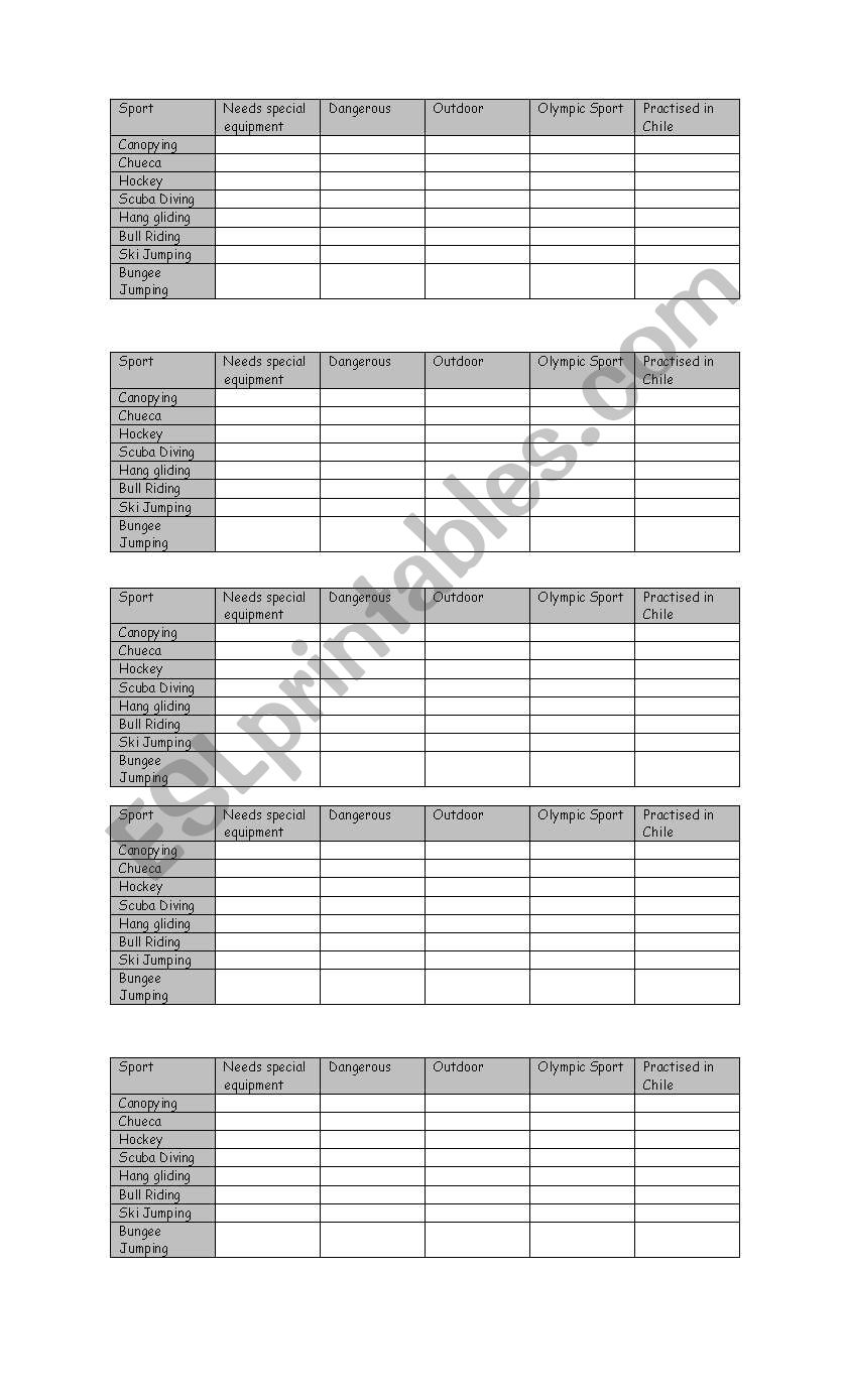 Sports chart worksheet