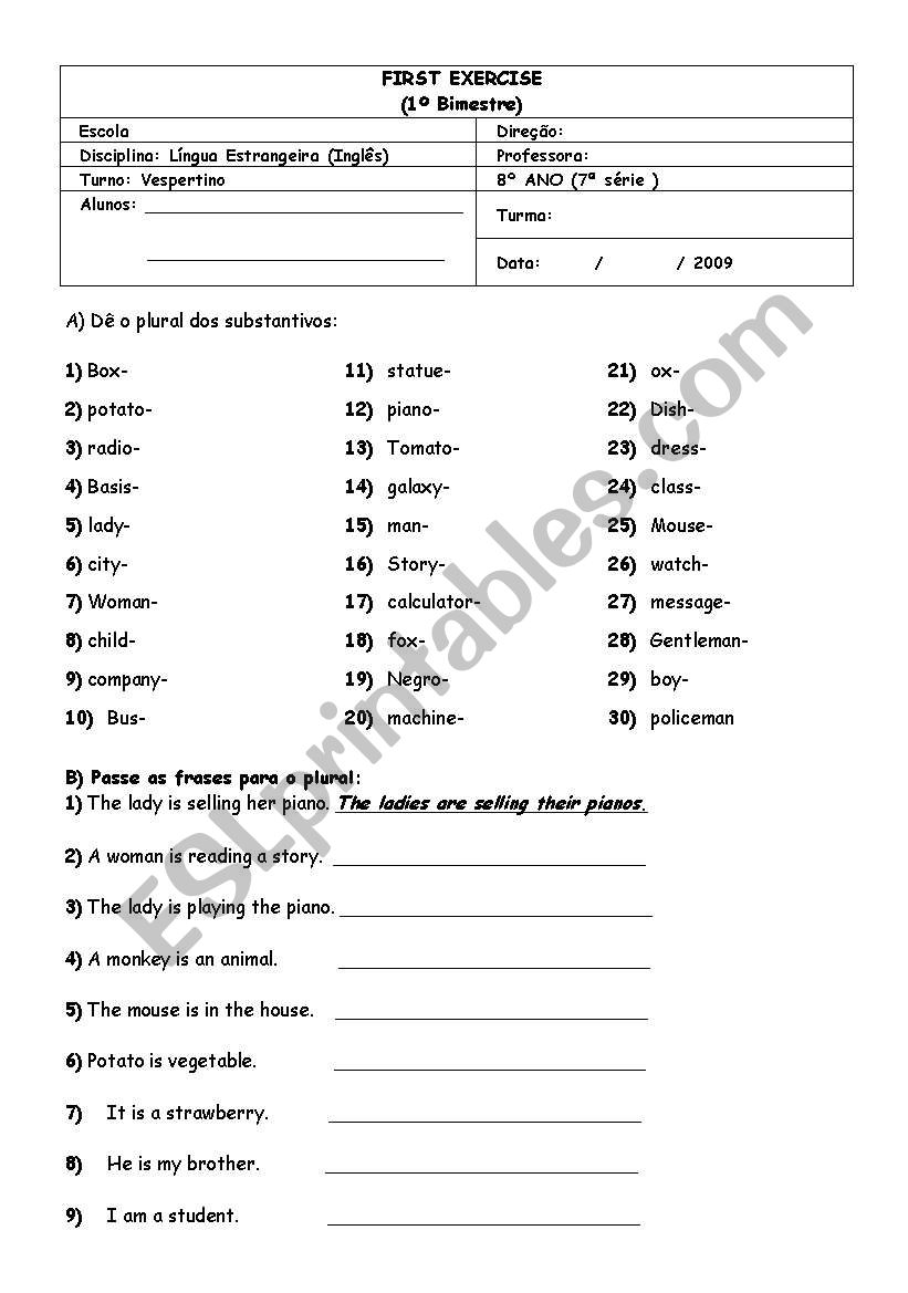 Plural of Nouns Exercise worksheet