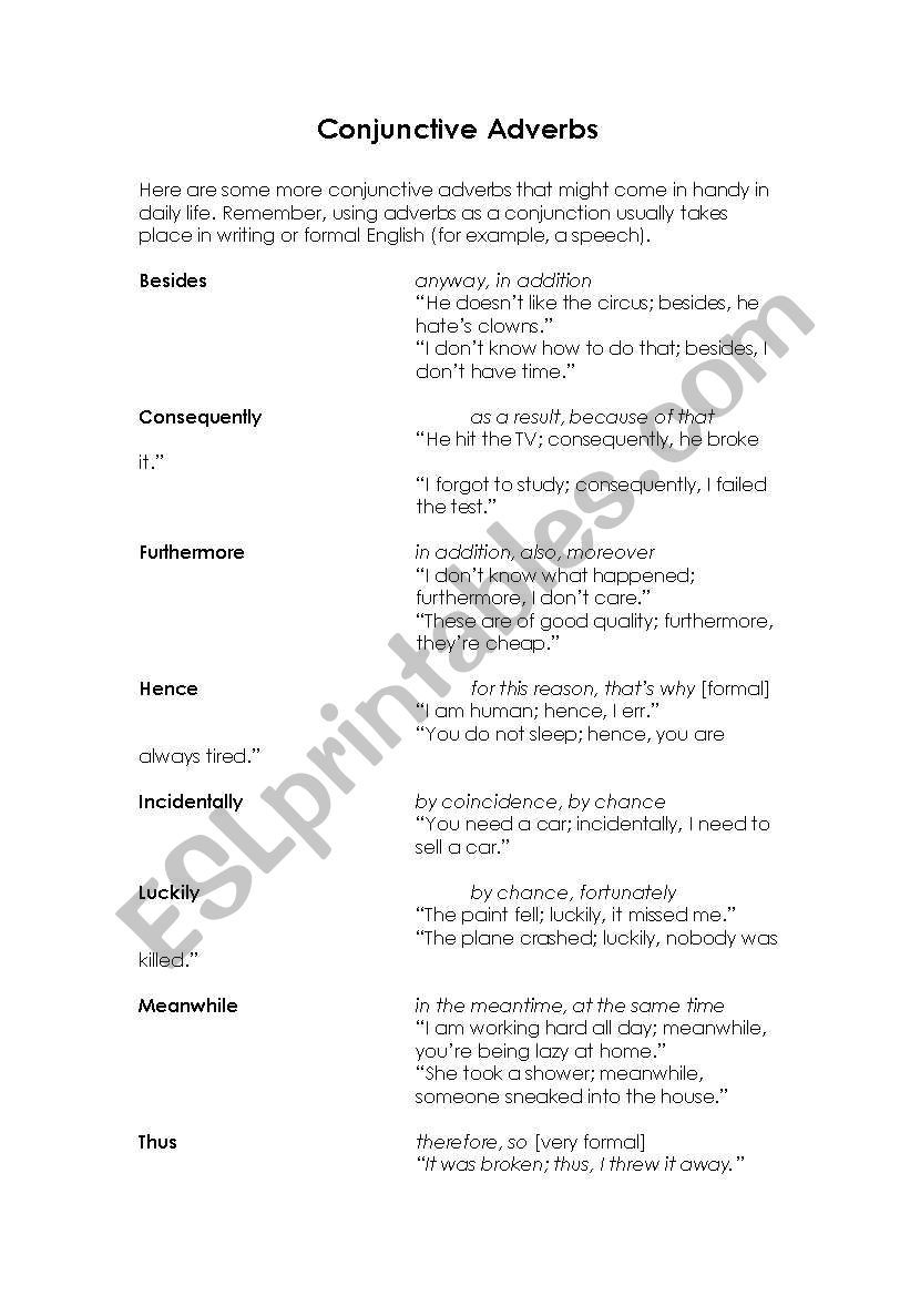 More Conjunctive Adverbs worksheet