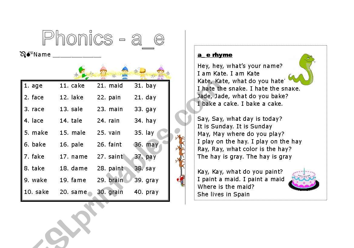 Phonics - a_e worksheet