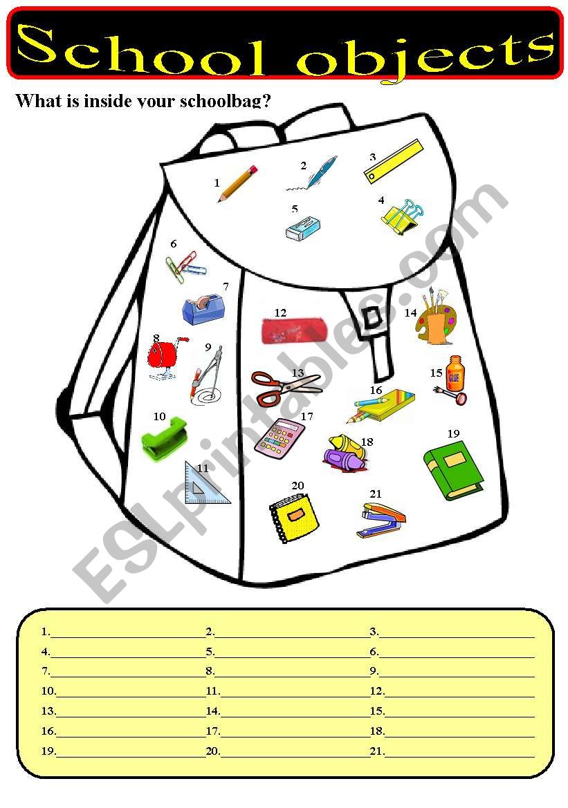 What is inside your schoolbag? - School objects.