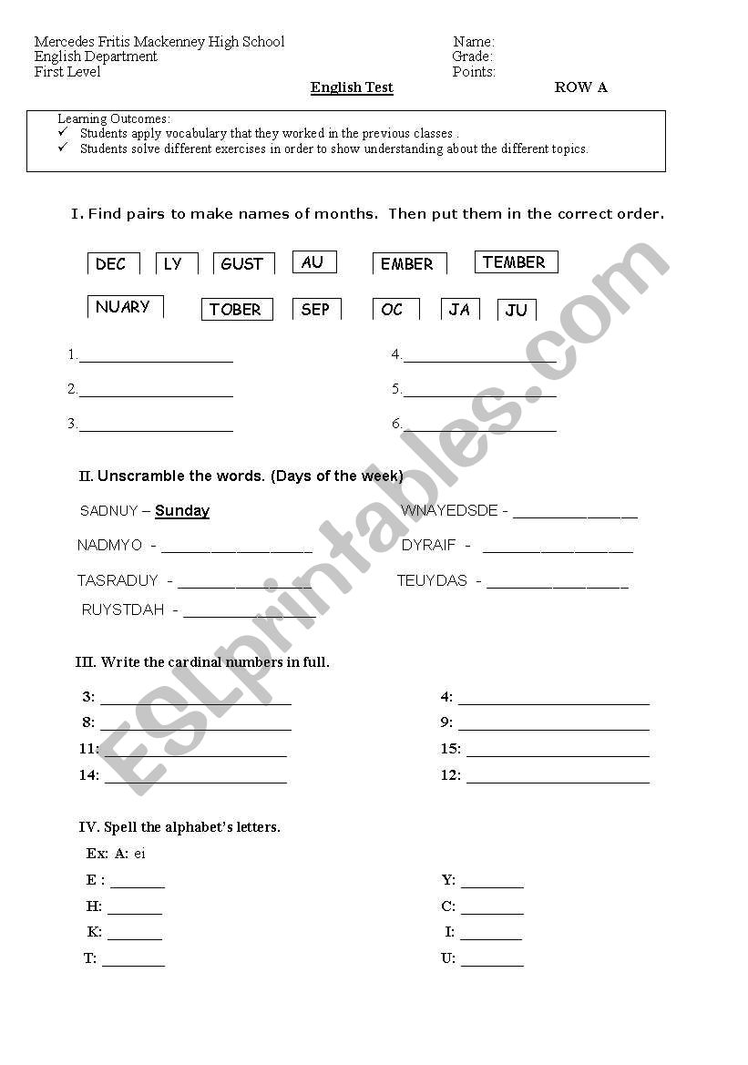 test for kids worksheet