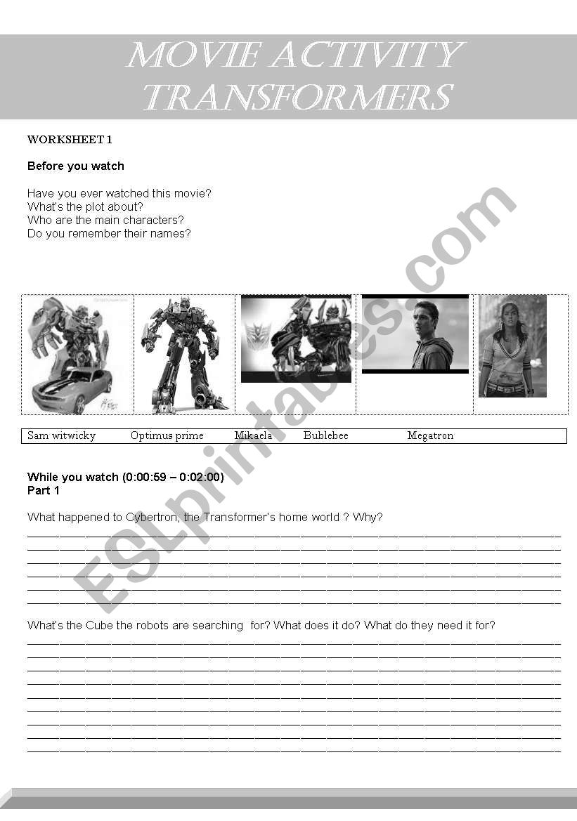 Transformers - the movie worksheet