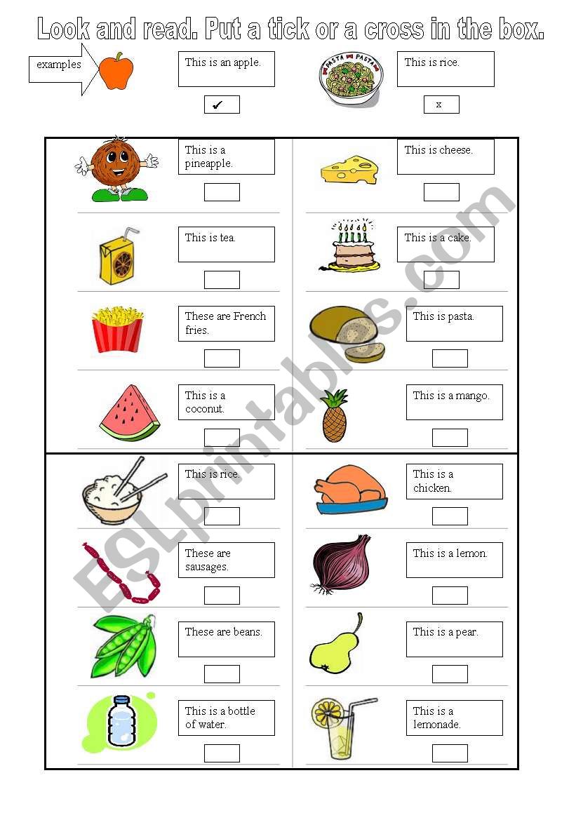 Food - Look and read. Put a tick or a cross in the box. 