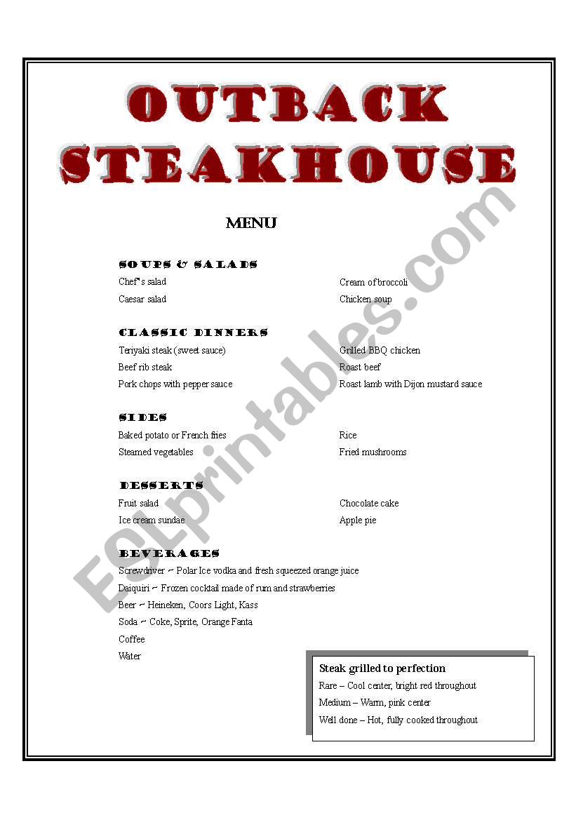 RESTAURANT - Menus and Conversation (8 pages)