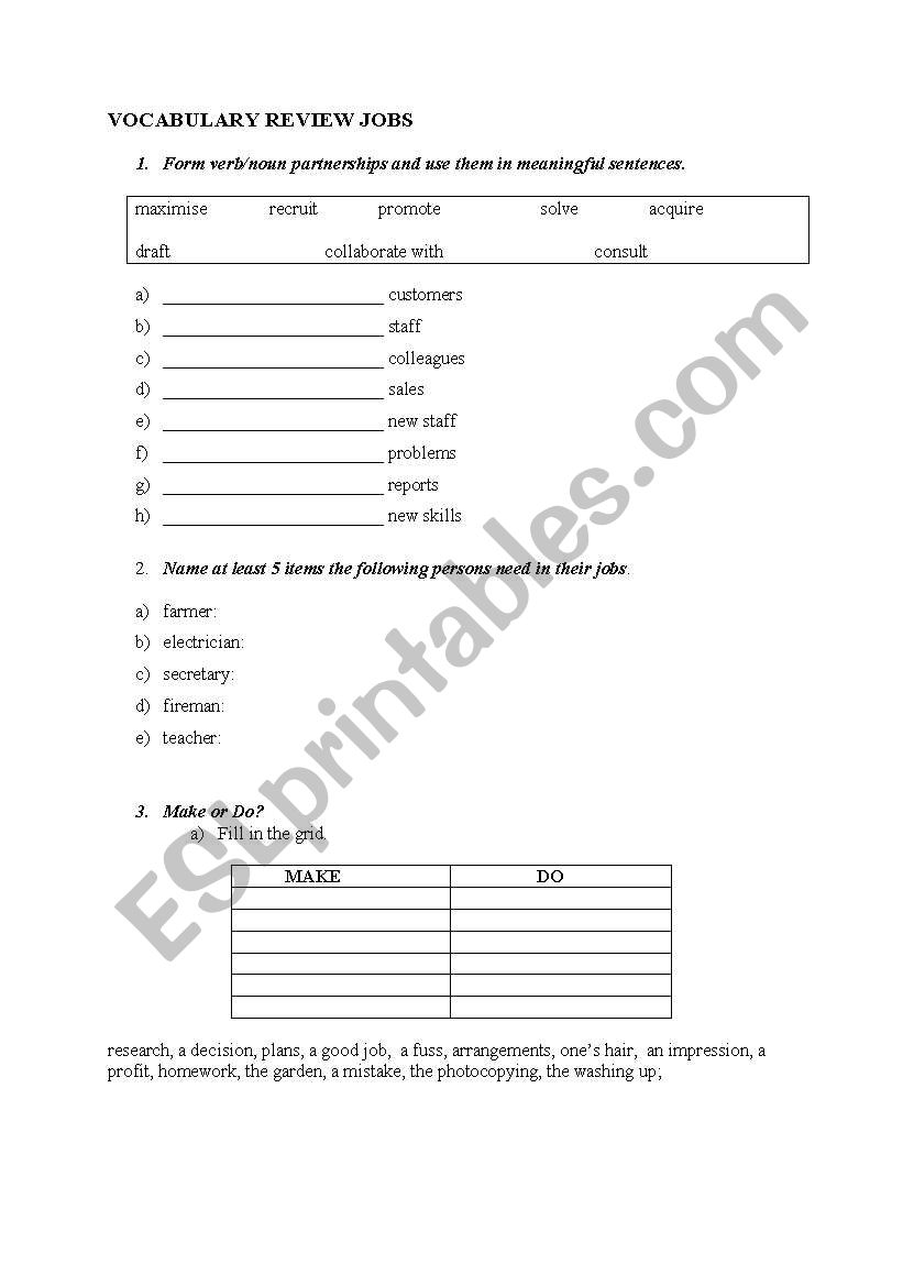 VOCABULARY REVIEW JOBS worksheet