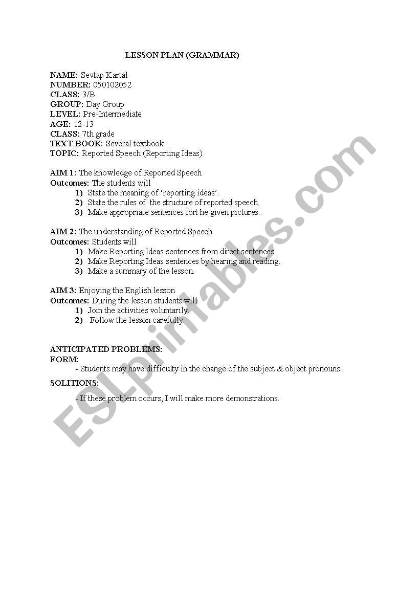 reported speech lesson plan worksheet