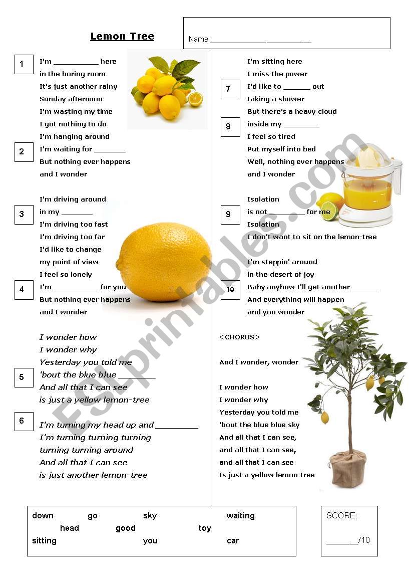 Lemon Tree - Karaoke Gap-fill worksheet