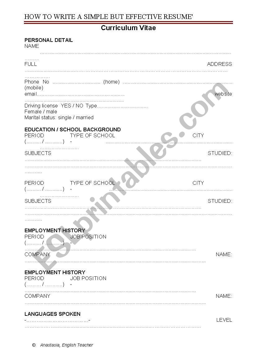 Curriculum Vitae Form worksheet