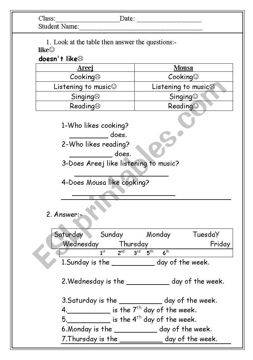 likes +doesnt like+days of the week