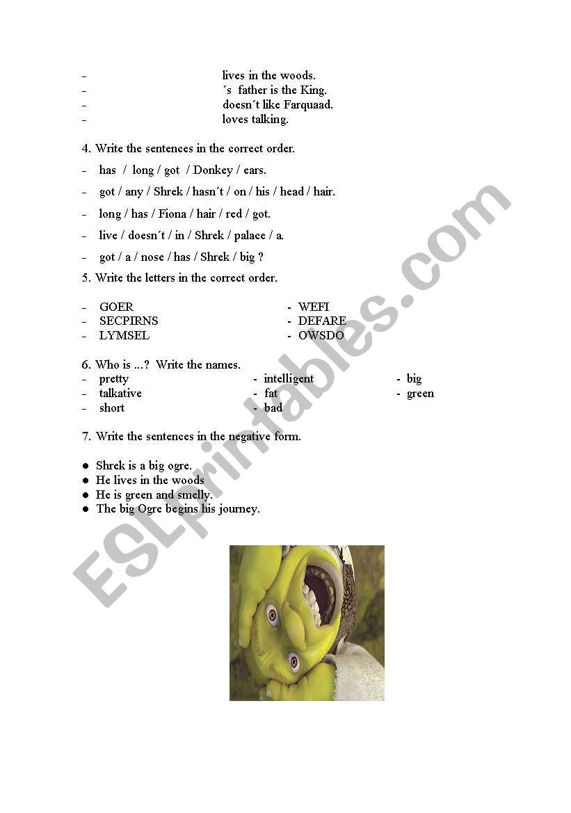 Shrek page2 worksheet