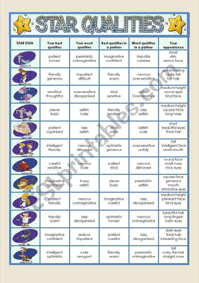 STAR QUALITIES worksheet