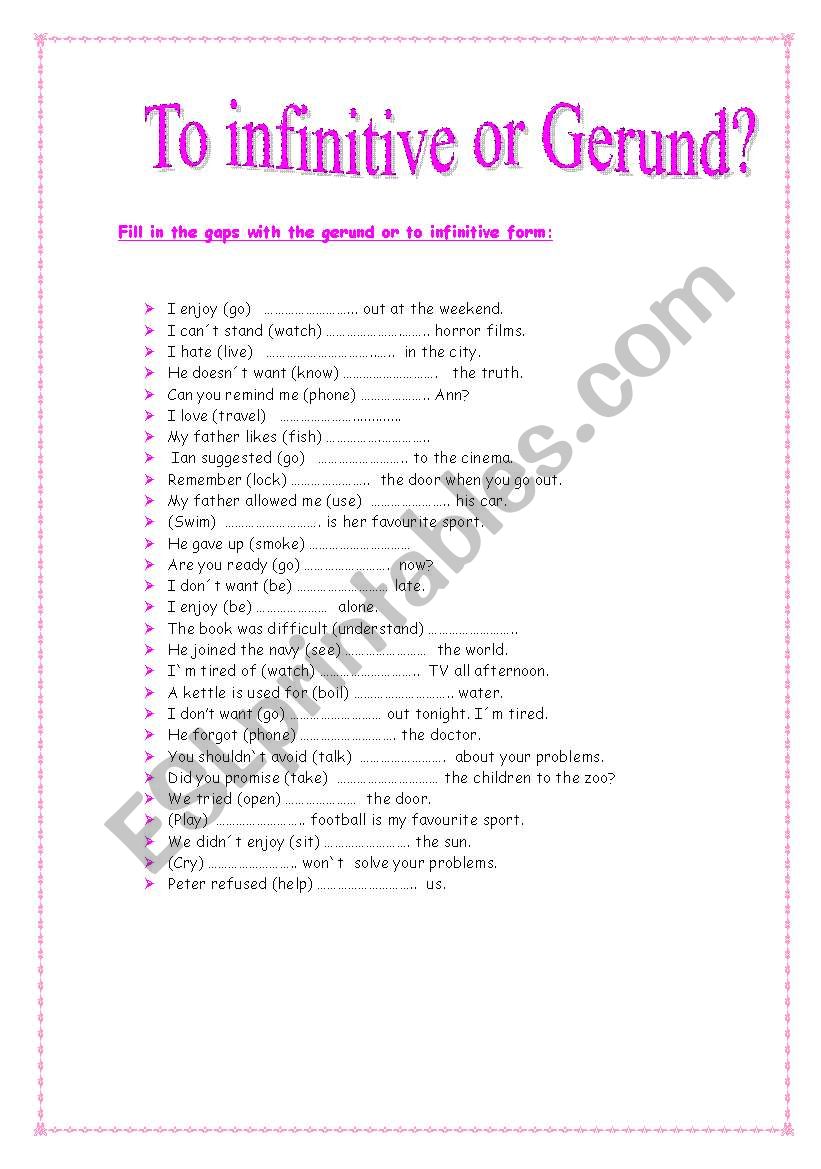 Gerunds /  To Infinitives worksheet