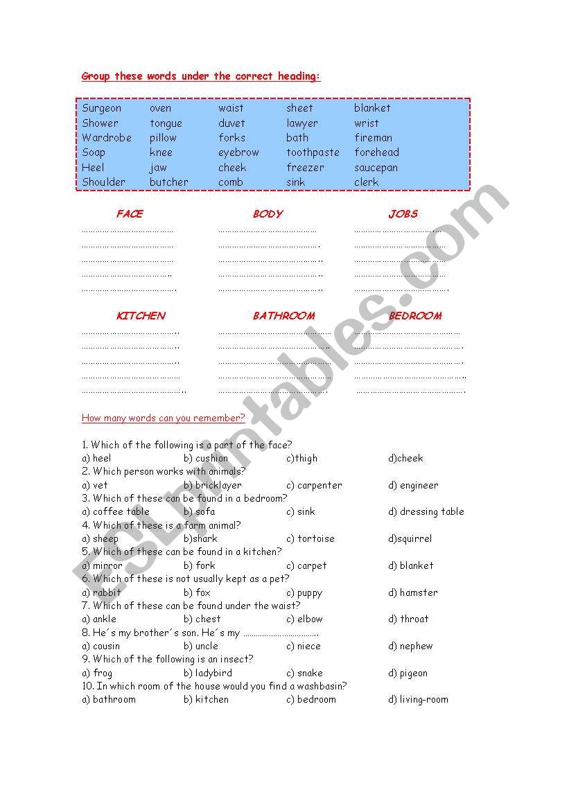 General Vocabulary worksheet