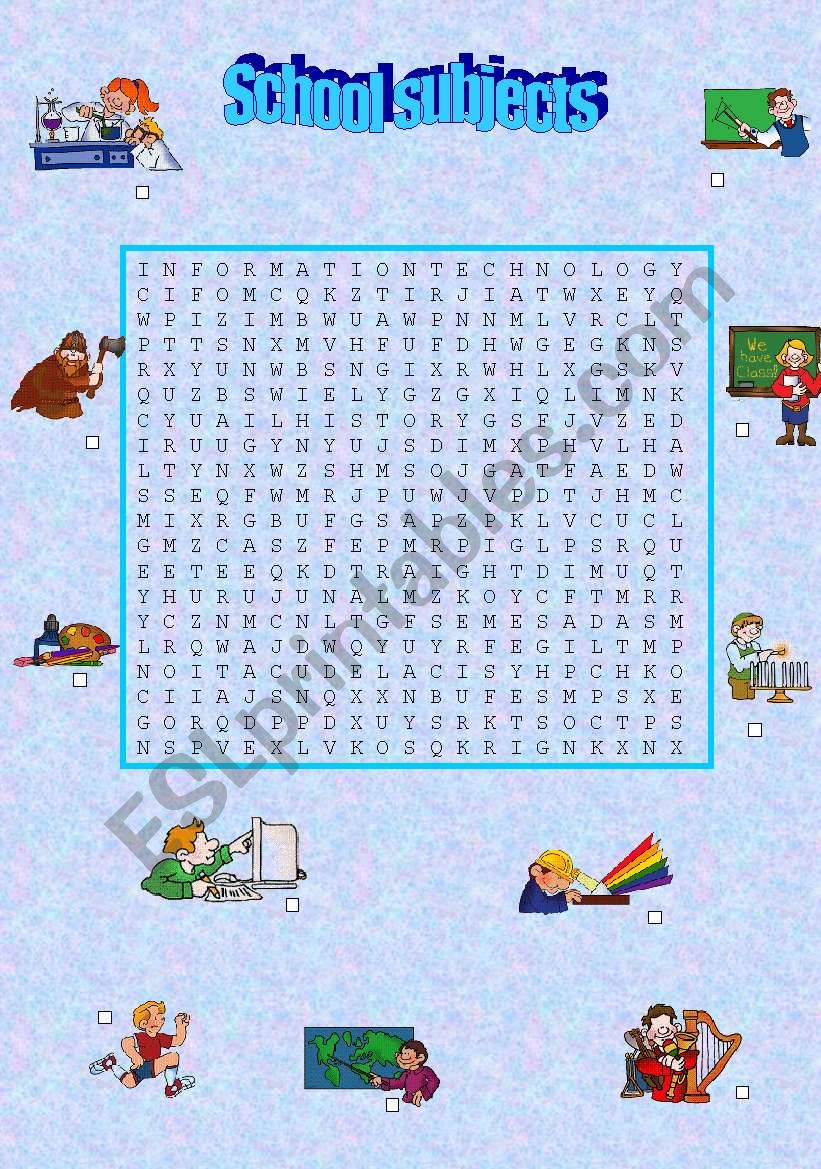 school subjects wordsearch worksheet