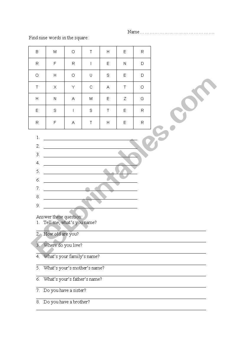 family test worksheet