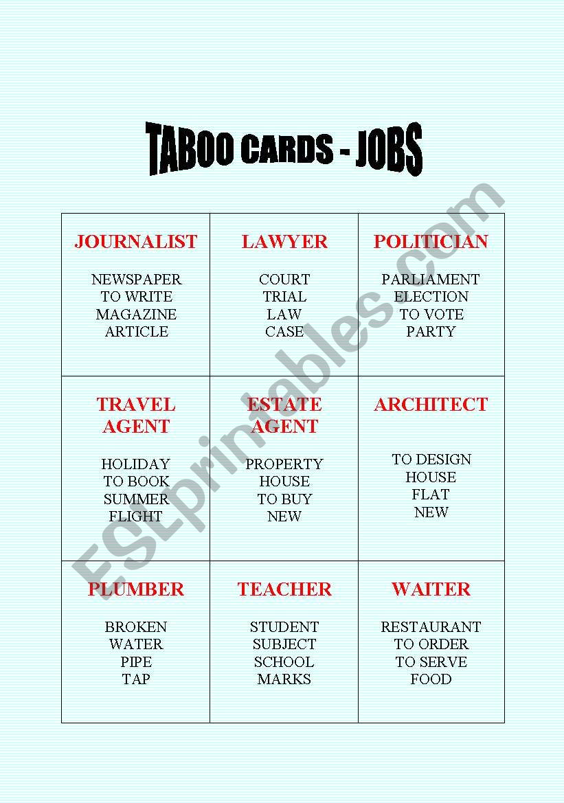 Taboo cards (No. 1) - JOBS worksheet