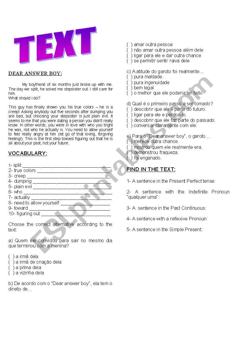 DEAR ANSWER BOY worksheet