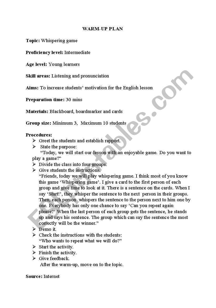 Whispering Game worksheet