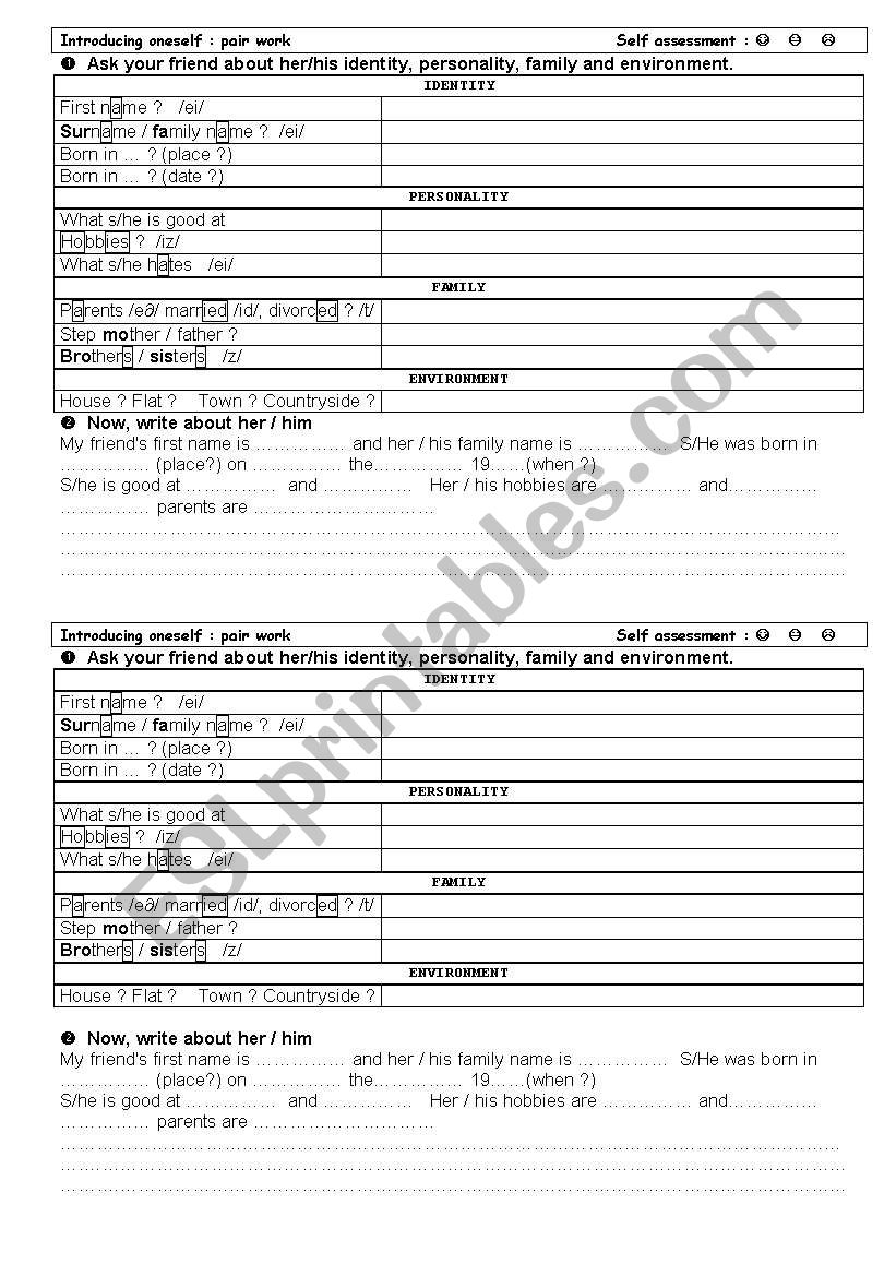 Introducing oneself worksheet