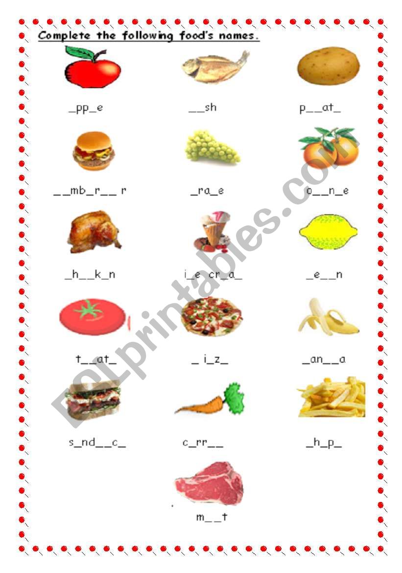 food spelling worksheet