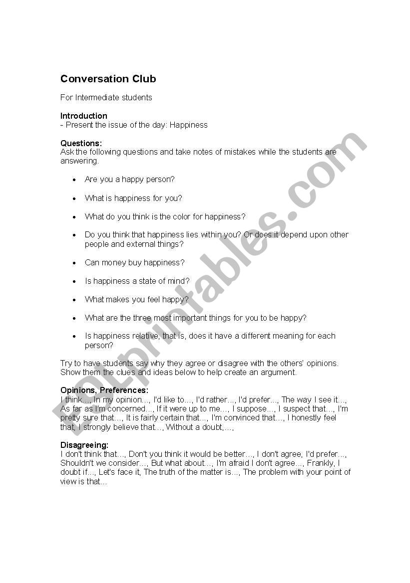 Discution about Happiness worksheet