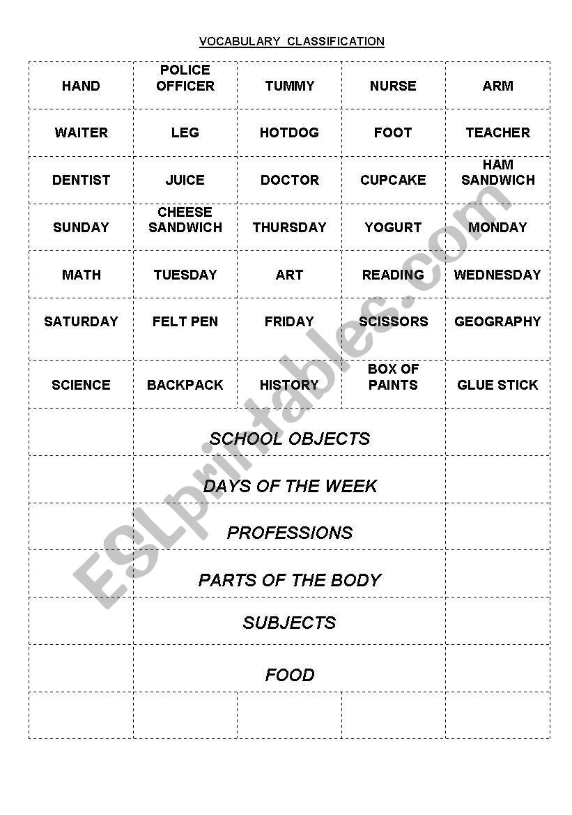 vocabulary classification worksheet