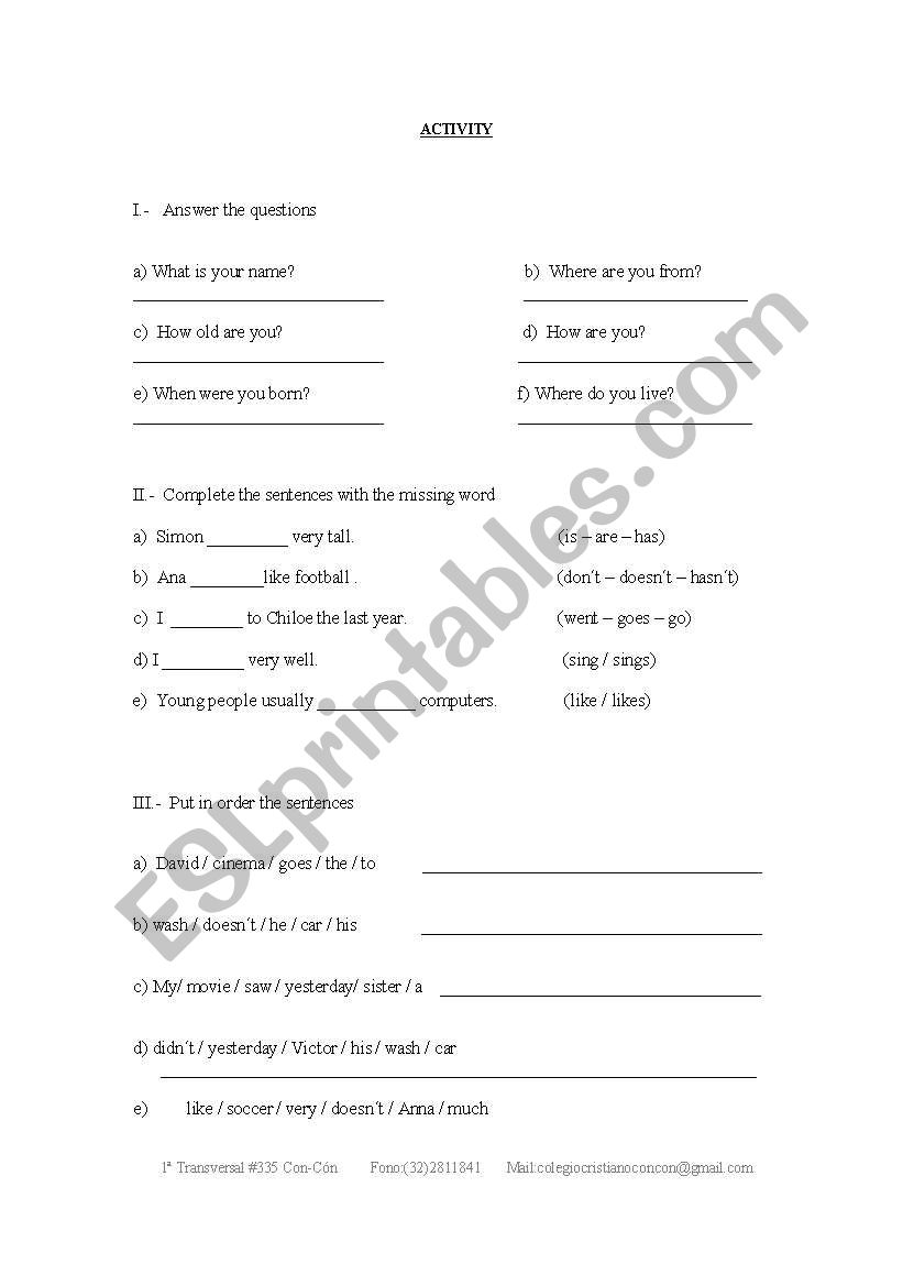 DIAGNOSTIC  VERBS worksheet