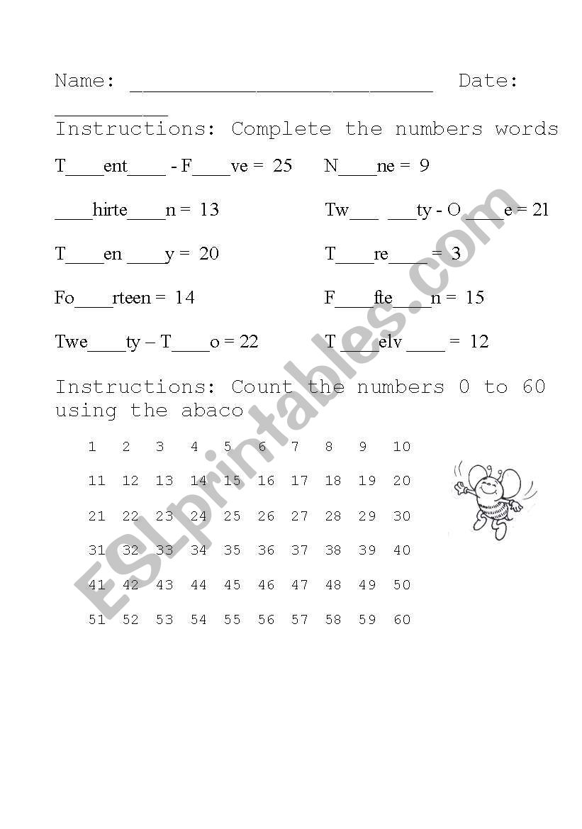 complete the numbers worksheet