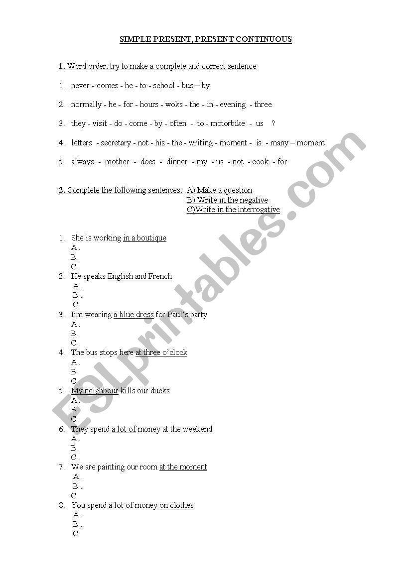 PRESENT SIMPLE and CONTINUOUS worksheet