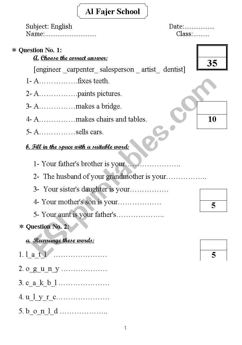 grade 6 exam worksheet