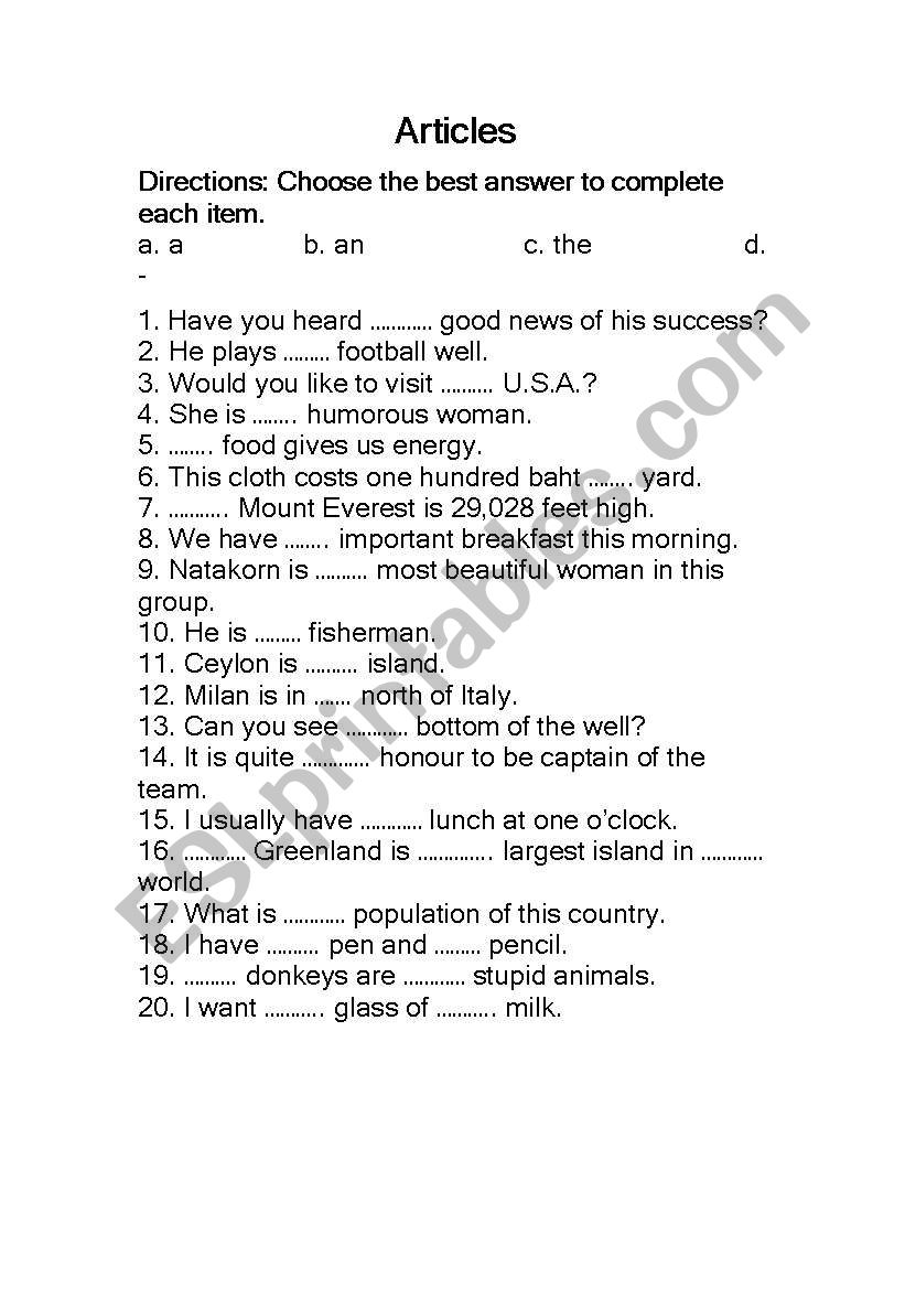 Aritcles (a, an, the) worksheet