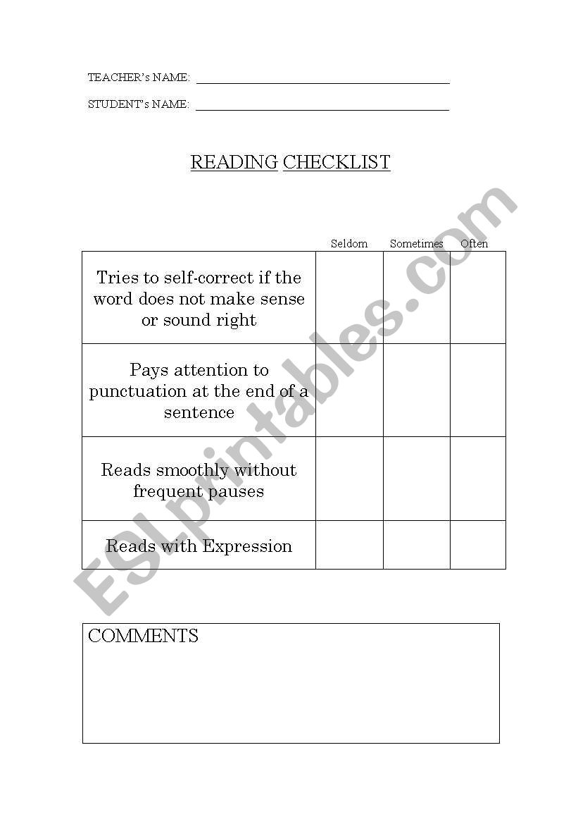 Reading Checklist worksheet