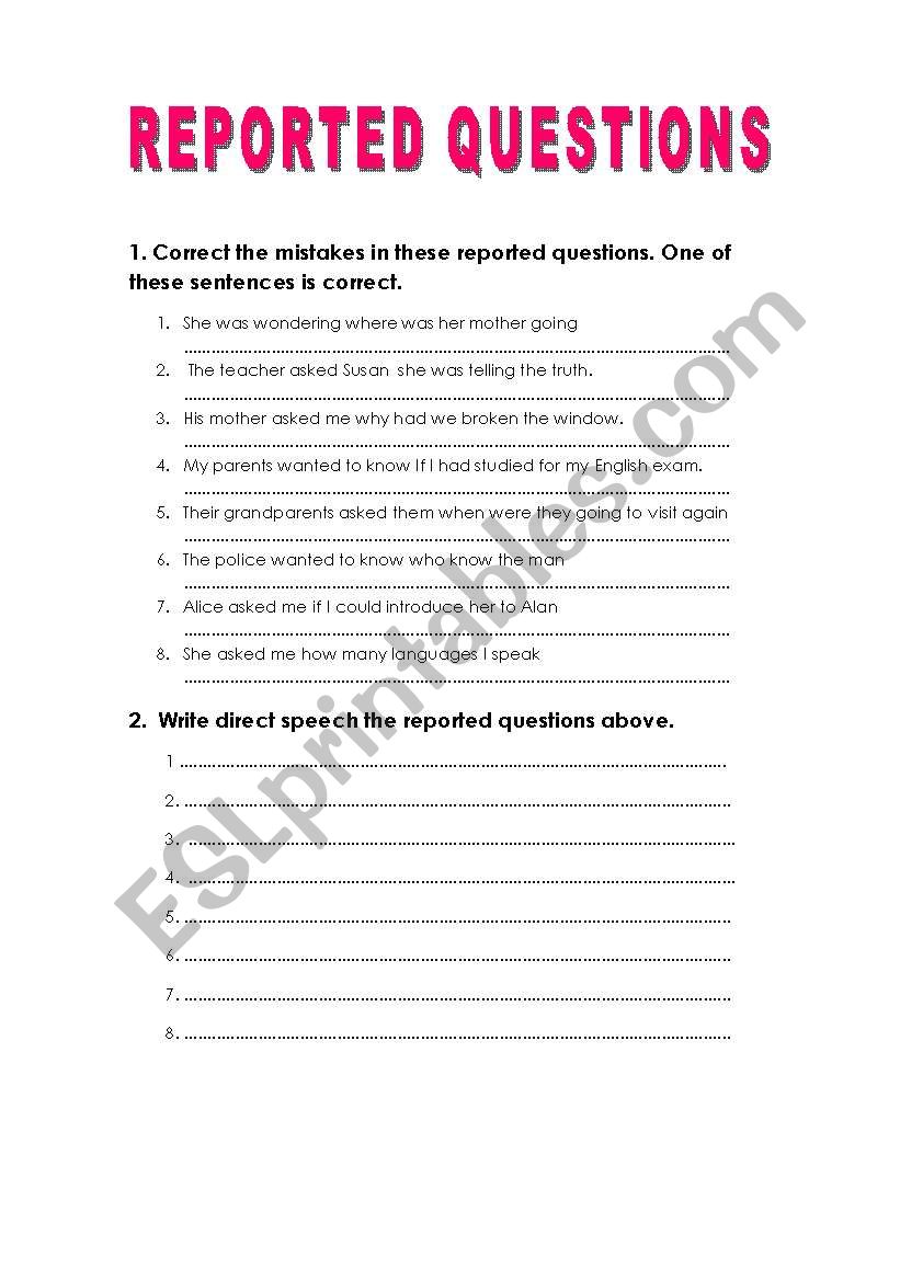 Reported question worksheet