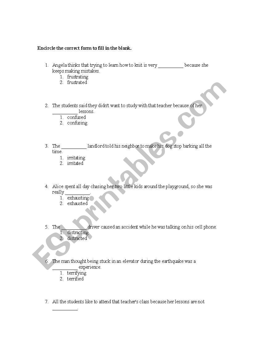 Participial Adjectives worksheet